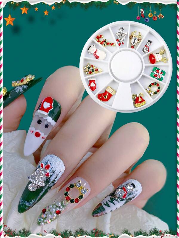 12 pezzi/scatola Decorazioni per unghie in metallo con strass a tema natalizio