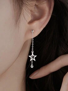 1pair Asymmetric Stainless Steel Star & Chain Pendant Allergy-free Ear Studs - Silver - View 5