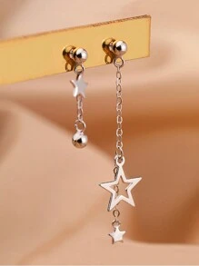 1pair Asymmetric Stainless Steel Star & Chain Pendant Allergy-free Ear Studs - Silver - View 2
