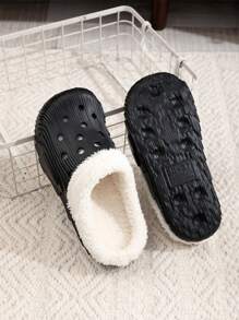 Solid Color Plush Lined Slippers, Winter Cozy & Warm Slip On Clogs, Comfy Indoor & Outdoor Slippers - Black - View 6