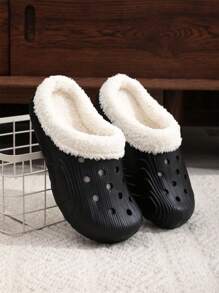 Solid Color Plush Lined Slippers, Winter Cozy & Warm Slip On Clogs, Comfy Indoor & Outdoor Slippers - Black - View 5