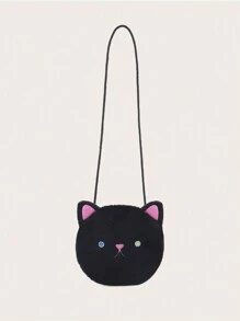 1 件女孩黑貓迷你斜背單肩包,搭配毛絨和拉鍊閉合,適合萬聖節和日常使用 - 黑色 - 查看 1