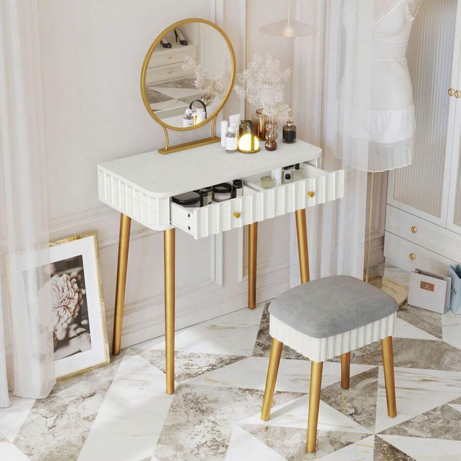 HLR-Vanity Set with Mirror and Stool, 32" Water Ripple Vanity Table 2 ...