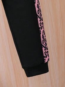 年輕女孩豹紋拼色連帽衫和運動褲套裝 - 黑色 - 查看 5