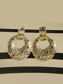 1 Pair European And American Style Fashionable Alloy Geometric Rhinestone Earrings For Ladies' Daily Wear - Gold - View 5