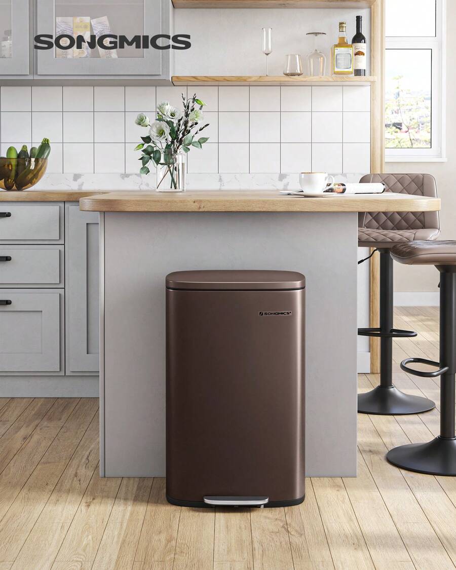 SONGMICS 13 Gallon/ 50L Trash Can, Waste Bin, Stainless Steel Kitchen Garbage Can, Recycling Or Waste Bin, Soft Close, Step-On Pedal, Removable Inner Bucket, Kitchen, Bedroom, Hall 16.7"L X 12.5"W X 25.9"H, Silver, White, Black - 棕色 - 查看 1