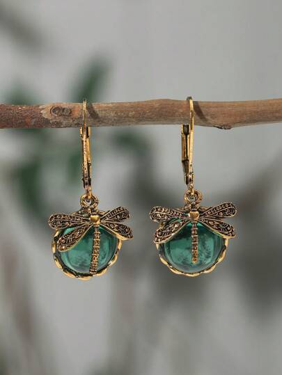 1pair Vintage Dragonfly Shape Green Crystal Pendant Bohemian Style Earrings Jewelry For Women Party
