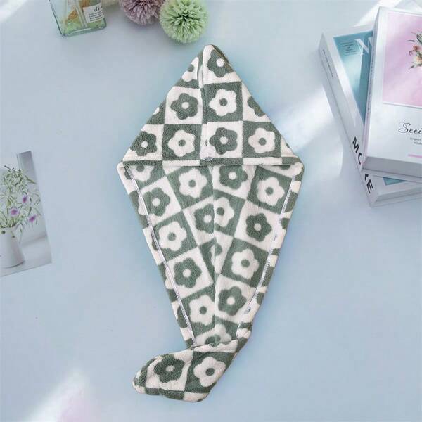 1pc Five-petal Flower Patterned Green Bath Cap, Soft & Quick Drying Hair Wrap For Long Hair