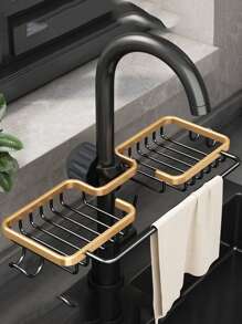 1pc Simple Black Hollow Draining Rack, Aluminum Cleaning Sponge Draining Rack For Kitchen - Black - View 2
