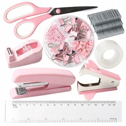 Pink Stationery Set Pink Desk Accessories Stapler And Tape Dispenser Set With Transparent Ruler Stapler, Pink Scissors Tape Dispenser Pink Staple Remover Staples Clips School Supplies Office Supplies Back To School