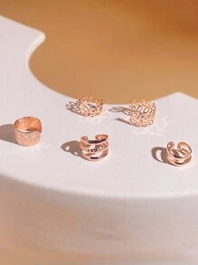 5入組簡約風和時尚鏤空樹葉造型袖口夾非穿孔耳夾套裝 - 玫瑰金 - 查看 3
