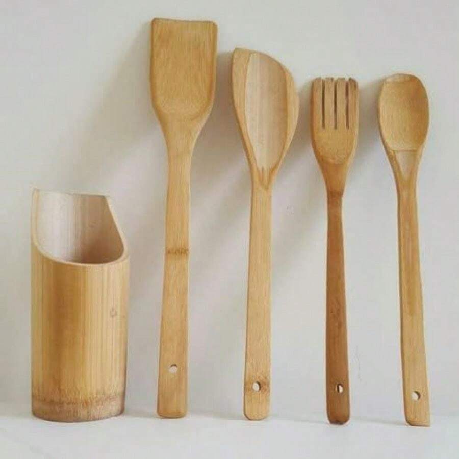 JIMMY STORE Kit 3/5 Colheres Espátulas Garfo de Cozinha Bambu Com Suporte - Amarelo - Visão 1