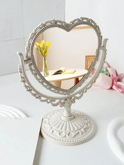 Espejo de maquillaje de escritorio vintage, 1 pieza de espejo de aumento de doble cara con forma de corazón que gira 360 grados con soporte de madera para mesa, espejo de tocador para uso doméstico, espejo de tocador, decoración del hogar para sala de estar, dormitorio, baño, artículos de viaje, boda, fiesta, cumpleaños, regalos para hombres, mamá, papá, mejores amigos, maestros, Año Nuevo, accesorios, regalo divertido, maquillaje, barato, decoración de habitación, tocador, dormitorio, accesorios de maquillaje, espejo, espejo de tocador, barato, rellenos de calcetines, maquillaje, herramientas de maquillaje, cosas baratas, regalos, regalos para mujeres, regalos de Navidad, sorteos, cosas baratas, artículos esenciales de viaje