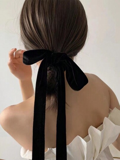 1個 女性用 黒シルクスカーフ ヘアタイ ロングストリップ ヘアタイ ちょう結び付き、デイリーウェア可愛いポニーテールホルダー ヘアゴム ヘアバンド シュシュ ヘアロープ ヘアタイ、ヘアボビー、ヘアアクセサリーギフト