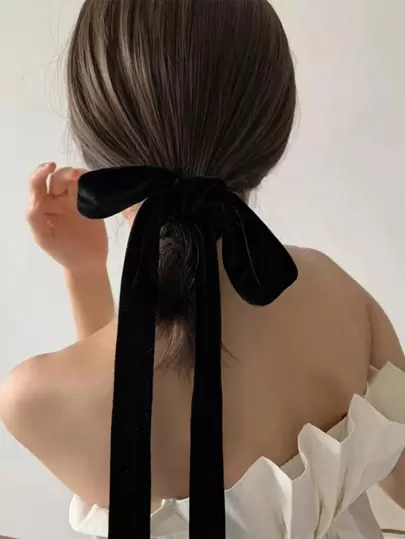 1条女士黑色丝巾发圈，长条发带蝴蝶结，适合日常佩戴，可爱马尾辫发圈，发绳，弹性发圈，发圈，发饰，礼物，发饰，头部饰品