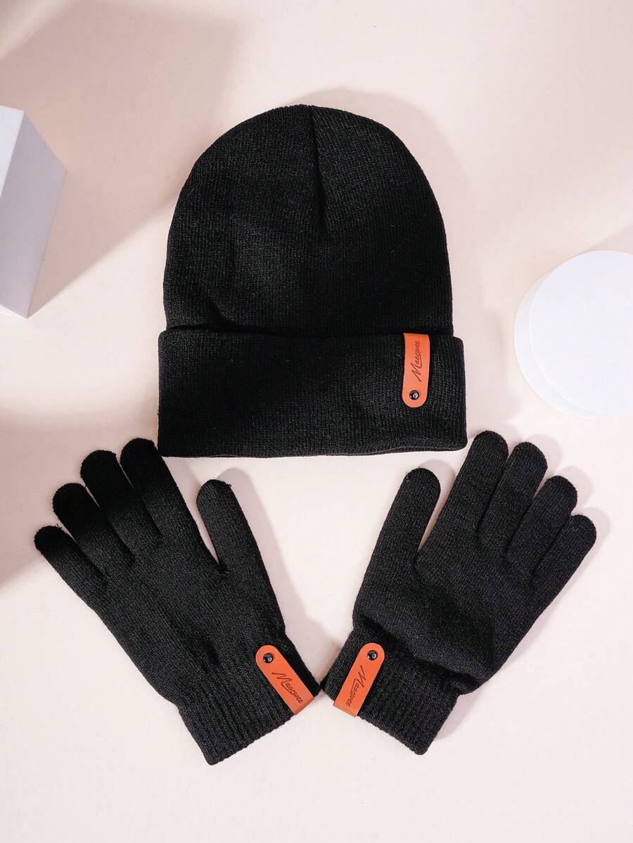 1套男士冬季保暖針織帽子和手套，搭配時尚PU皮革標誌，適用於戶外騎行和寒冷天氣的休閒 - 黑色 - 查看 1