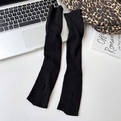 1Pair Women's Black Knitted Fingerless Gloves, Fashionable …
