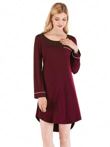 新款夏秋寬鬆長袖簡約女款睡衣裙,酒紅色