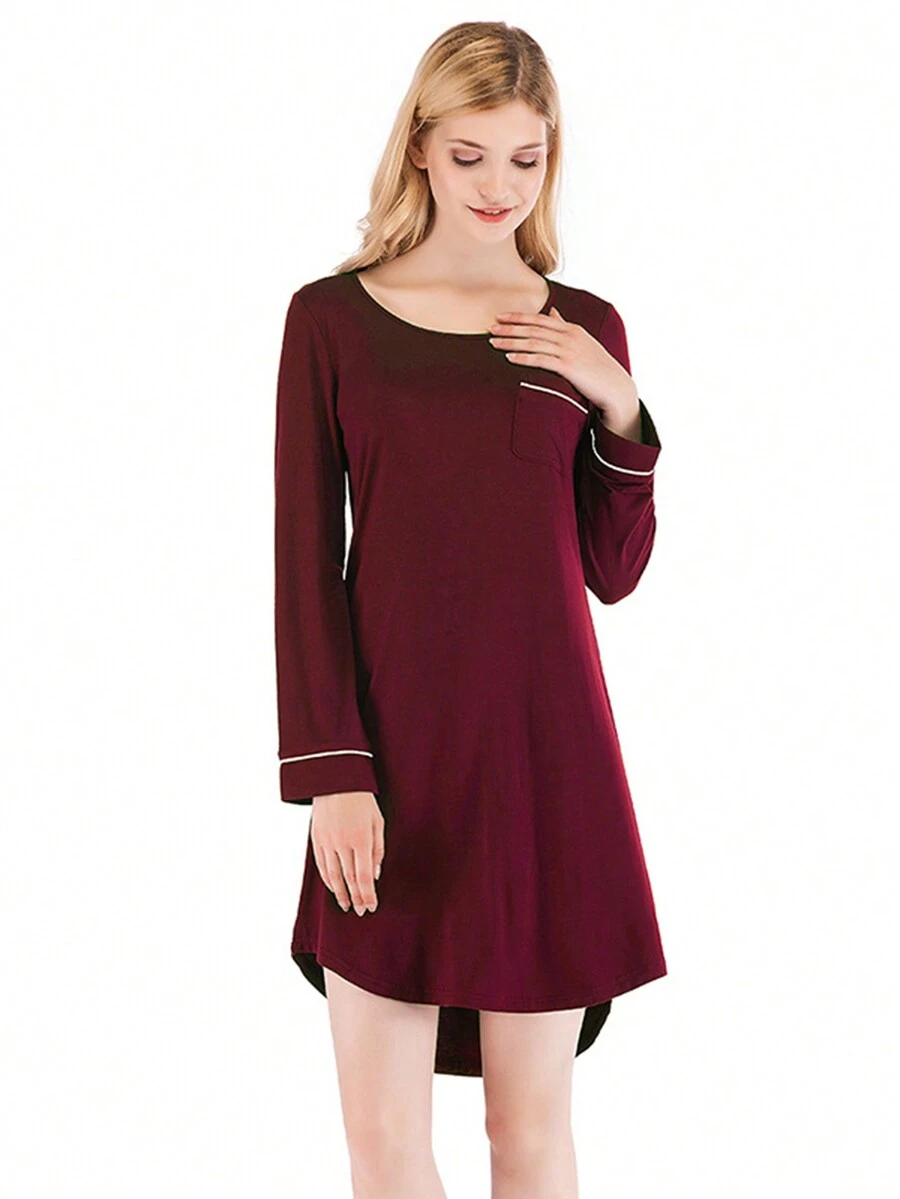 新款夏秋寬鬆長袖簡約女款睡衣裙,酒紅色