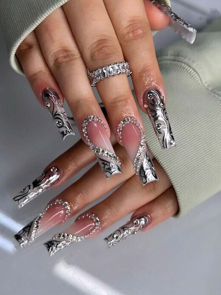 24pcs/Set Stylish Coffin Shape & Simple Heart & Rhinestone Design 