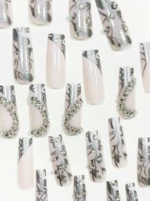 24入組時尚棺材形狀和簡約心形和鑲有鑽石設計的美甲套裝，適合女性日常穿著和通勤壓花指甲美甲用品 - 彩色 - 查看 3