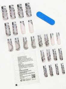 24入組時尚棺材形狀和簡約心形和鑲有鑽石設計的美甲套裝，適合女性日常穿著和通勤壓花指甲美甲用品 - 彩色 - 查看 2