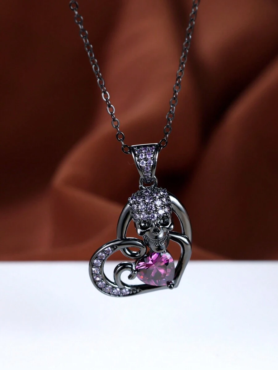 1入時尚深紫色骷髏頭&心形吊墜項鍊,適用於萬聖節派對和作為禮物的裝飾性項鍊