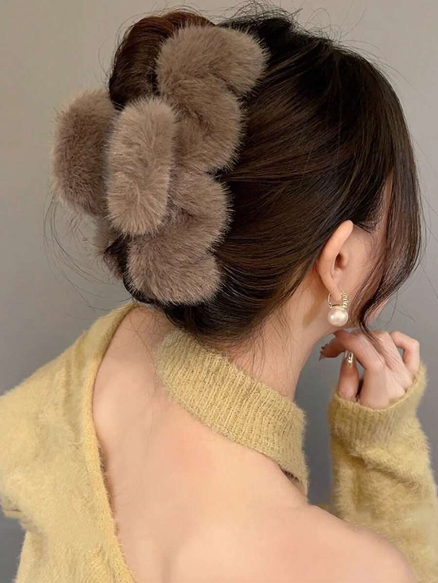 1 件超大蓬松人造毛波浪爪发夹复古发饰，高端氛围，适合女性，秋冬季 - 咖啡棕 - 查看 1