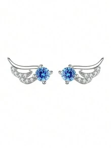 1pc 925 Sterling Silver Stud Earring With Wing & Rhinestone Design For Ear Piercing, Ins Style - Silver - View 3