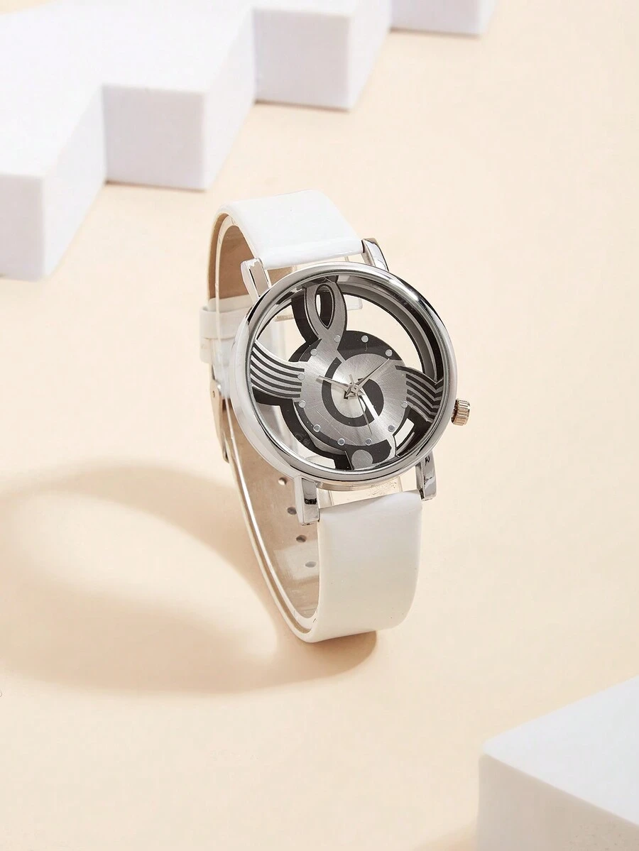 學生白色音符石英手錶,適用於戶外運動 - 白色 - 查看 1