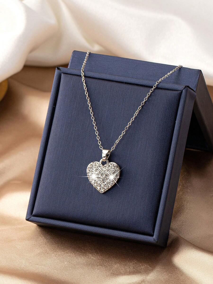 1pc Elegant & Simple Metal Braided Chain With Inlaid Heart Shaped Rhinestone Pendant Necklace - Silver - View 1