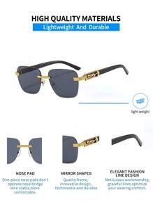 1pc Unisex Gold Frame Grey Lens Metal Wood Grain Arm Leopard Decoration Rimless Fashion Glasses With Cut Edge Design - Grey - View 5