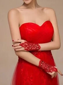 1 双红色时尚新娘蕾丝手套，带珠子和亮片，适合婚礼仪式秋季女士服装 - 紅色 - 查看 2