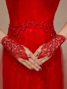 1 双红色时尚新娘蕾丝手套，带珠子和亮片，适合婚礼仪式秋季女士服装 - 紅色 - 查看 1