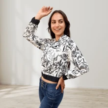 chamarra con cierre estampado de caras blanco y negro sudadera de moda - Blanco - Ver 2