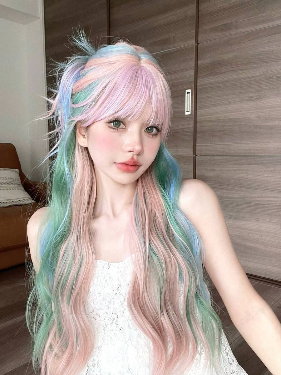 alicegarden 28-Inch Long Synthetic Wig Featuring A Natural Wavy Style In A A Stunning Multicolor. Designed With Bangs , This False Hairpiece Is Perfect For Ms Daily Use, Offering A Natural And Realistic Appearance That Mimics Gift For Ladies. (No Accessories), Halloween - Multicolor - View 1
