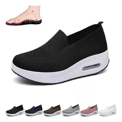 Zapatillas de deporte para mujer, zapatos de punto con mosca transpirables de color sólido, calzado informal sin cordones