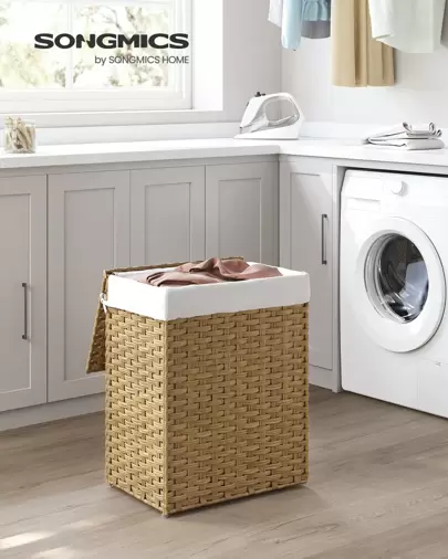 SONGMICS Handwoven Laundry Hamper, Dirty Clothes Basket, 23.8 Gal (90L) Synthetic Rattan Clothes Laundry Basket With Lid And Handles, Foldable, Removable Liner Bag, 18.1"L X 13"W X 23.6"Hlaundry Hamper,Washing Basketbathroom Organizer,Basket,Storage Basket,Foldable Laundry Basket