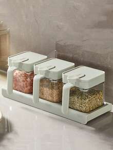 Dust-proof And Damp-proof Glass Condiment Jar With Single Hand Opening Lid, Spoon And Handle - Green - View 1