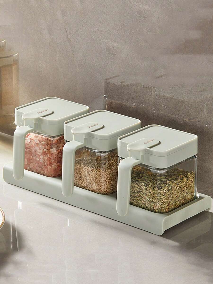 Dust-proof And Damp-proof Glass Condiment Jar With Single Hand Opening Lid, Spoon And Handle - Green - View 1