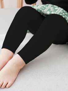 1件儿童罗纹针织弹力七分紧身裤 - 黑色 - 查看 5