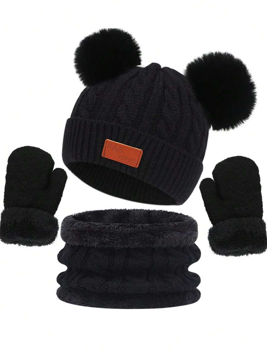 3入組幼童針織帽、圍巾和手套套裝,加厚保暖襯裡,男女通用,黑色可愛柔軟的beanie帽 - 黑色 - 查看 1