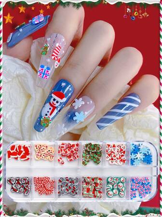 12-Compartment Box Christmas Snowflake Polymer Clay Nail Art Decorations, Santa Claus Holiday Nail Jewelry DIY Accessories