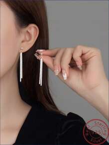 1對閃爍純銀流蘇耳環,適用於女性日常佩戴 - 銀色 - 查看 2