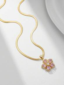 1pc Gold Stainless Steel Gold-Plated Cubic Zirconia Pink Sakura Flower Creative Design Pendant Necklace, Elegant French Sweet Romantic Style, Korean Fashion Minimalist Vintage Versatile For Women, Suitable For Street, Daily, Holiday, Party - Yellow Gold - View 2