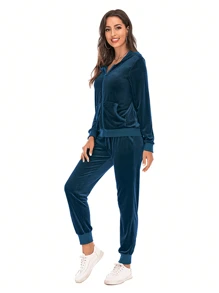 Veseacky 新款春季欧美风孔雀蓝女士休闲套装，适合运动、休闲和居家穿着，时尚又保暖。 - 藍色 - 查看 5