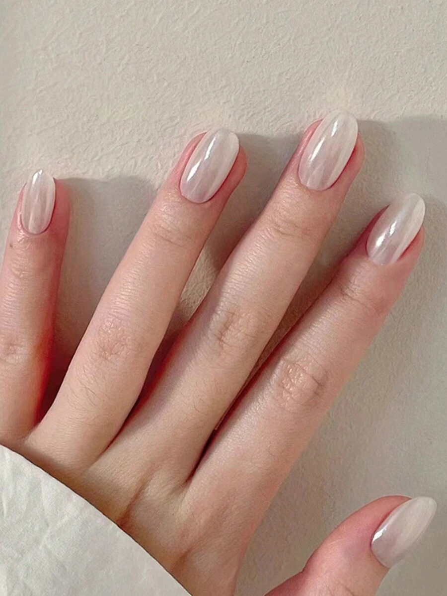 24入組短橢圓形電鍍珍珠白變色假指甲藝術貼片,附1支砂輪和1支果凍膠 - 彩色 - 查看 1