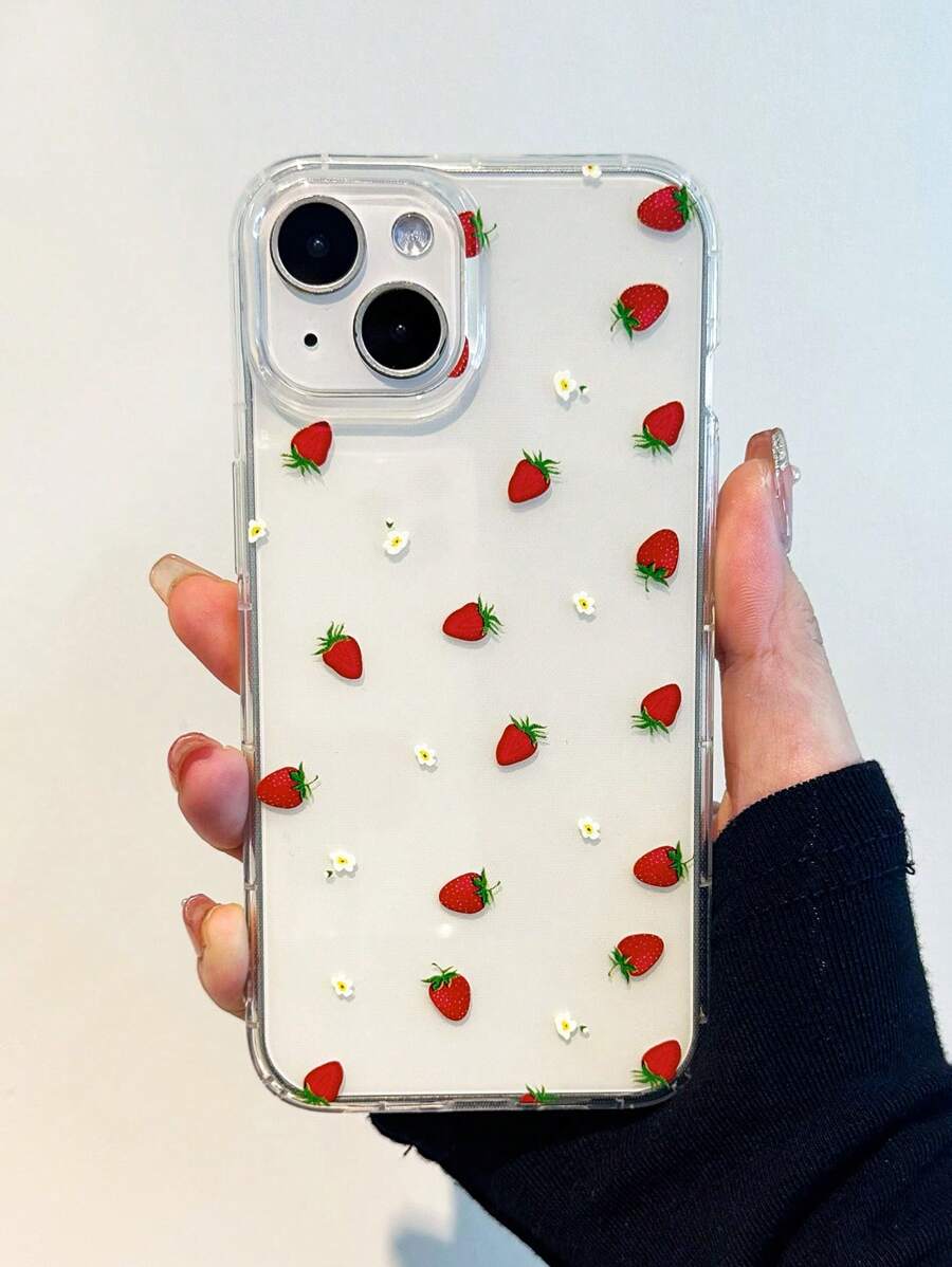 1 pieza Funda de teléfono celular transparente con diseño de fresa, funda blanda antichoque de TPU compatible con iPhone 16/16 Pro/16 Plus/16 Pro Max/15/14/13/12/11 - Multicolor - Ver 1