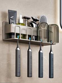 鐵灰色牙刷架具有牙杯掛鉤,可掛墻安裝的電動牙刷收納盒 - 黑色-三人 - 查看 4