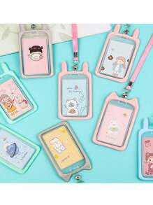 1pc Transparent Silicone Cute Cartoon Pattern Card Holder With Lanyard, For Work Id, Student Id Card, Transit Card Etc. - Pink - View 1